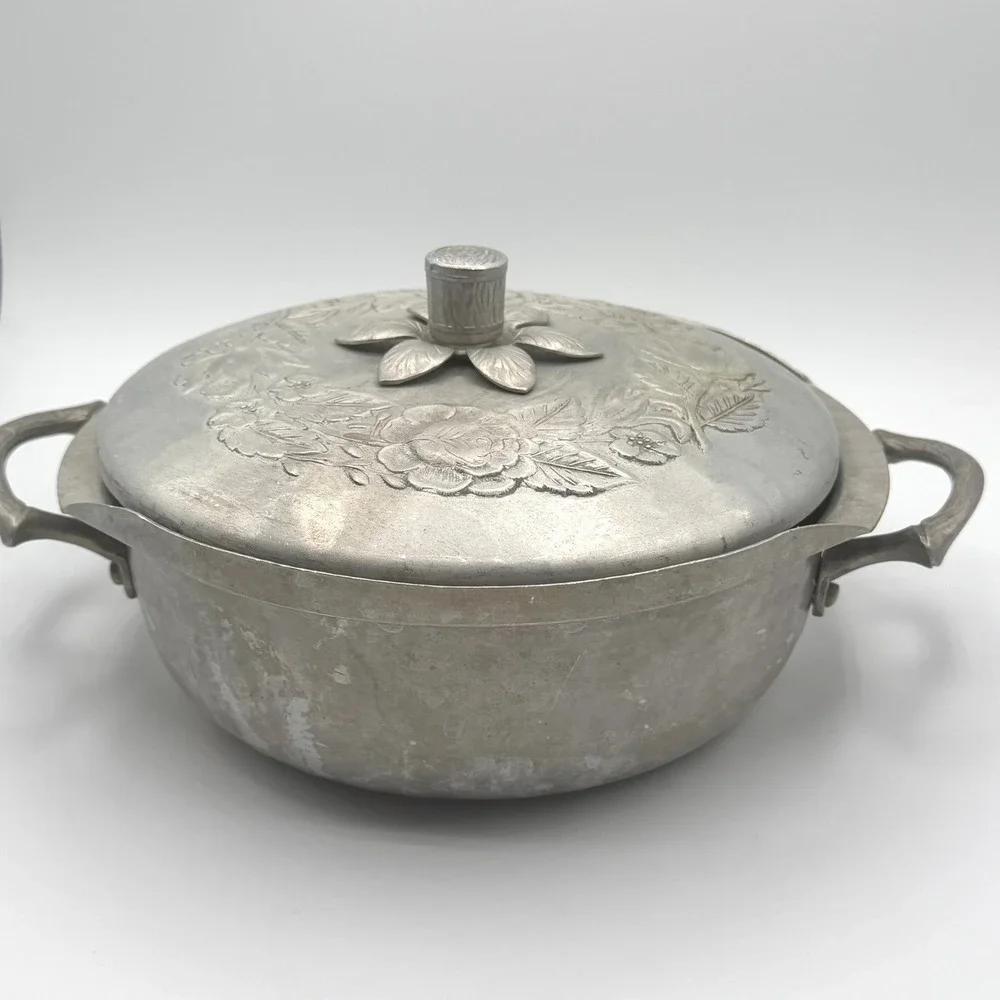 Everlast Forged Aluminum Casserole Serving Dish Lid Floral Silver Vintage Good